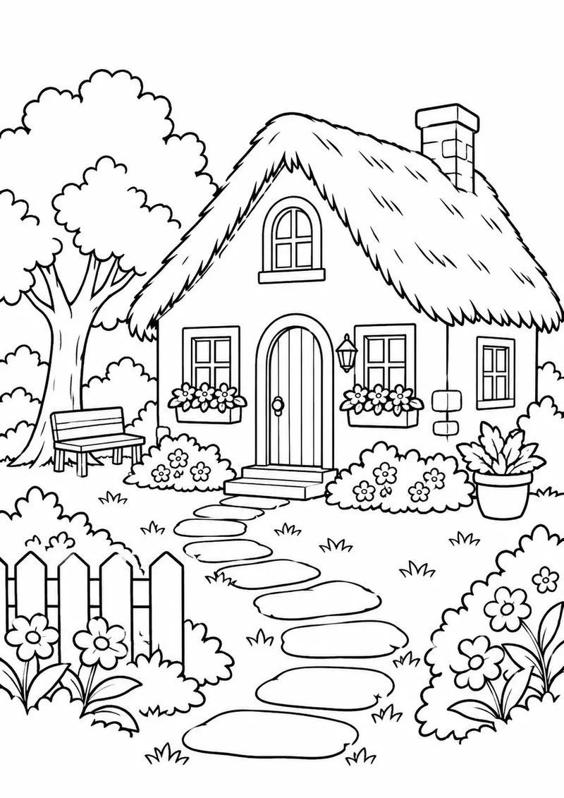 Casa com telhado de palha num jardim para colorir