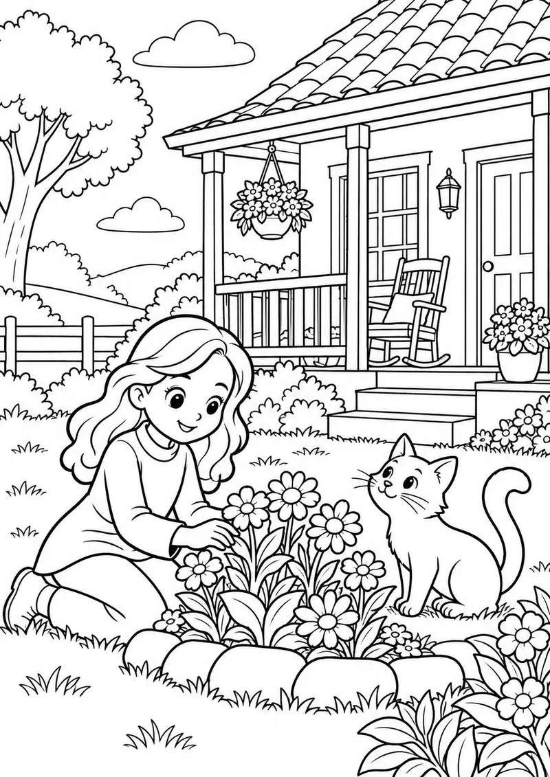 Casa de campo com varanda e flores para colorir