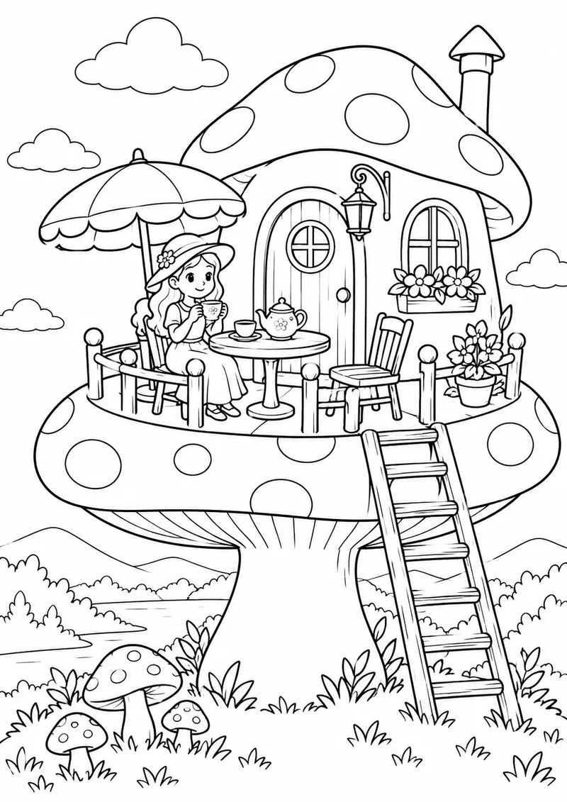 Casa de chá no topo de um cogumelo para colorir