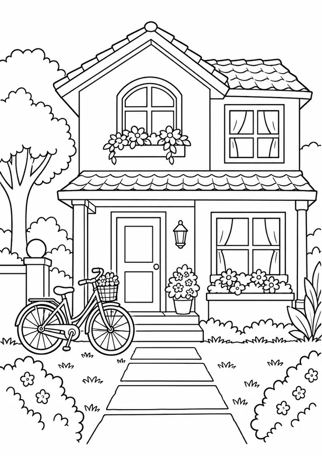 Casa de dois andares com bicicleta na entrada para colorir