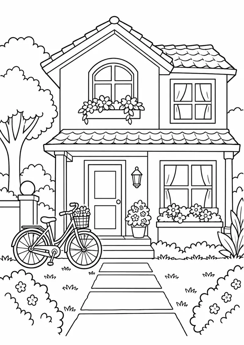 Casa de dois andares com bicicleta na entrada para colorir