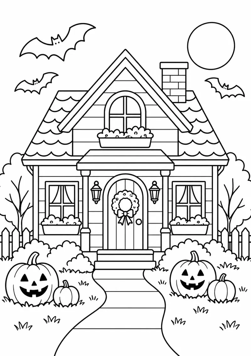 Casa de Halloween acolhedora com morcegos para colorir