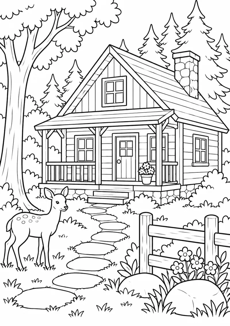 Casa de madeira junto à floresta para colorir