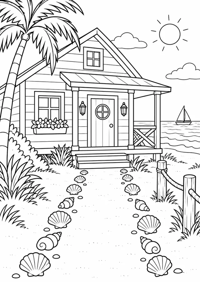 Casa de praia com conchas no caminho para colorir
