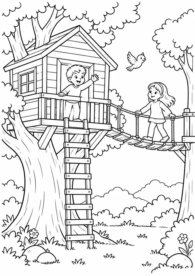 Casa na árvore com escada e ponte para colorir