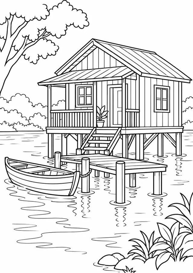 Casa sobre palafitas junto ao rio para colorir