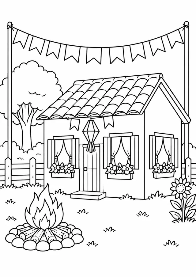 Casinha do arraial com bandeirinhas para colorir