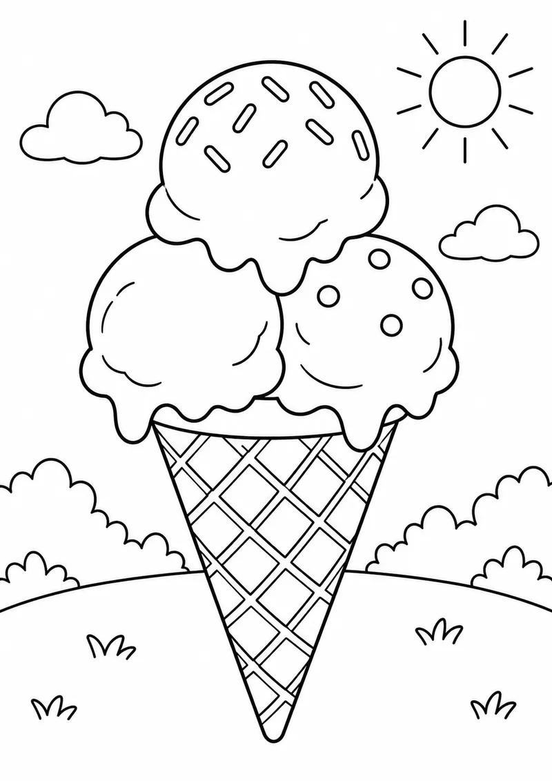 Casquinha de sorvete com três bolas para colorir