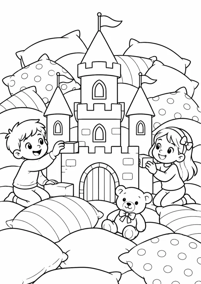 Castelo de brinquedo entre montanhas de almofadas para colorir