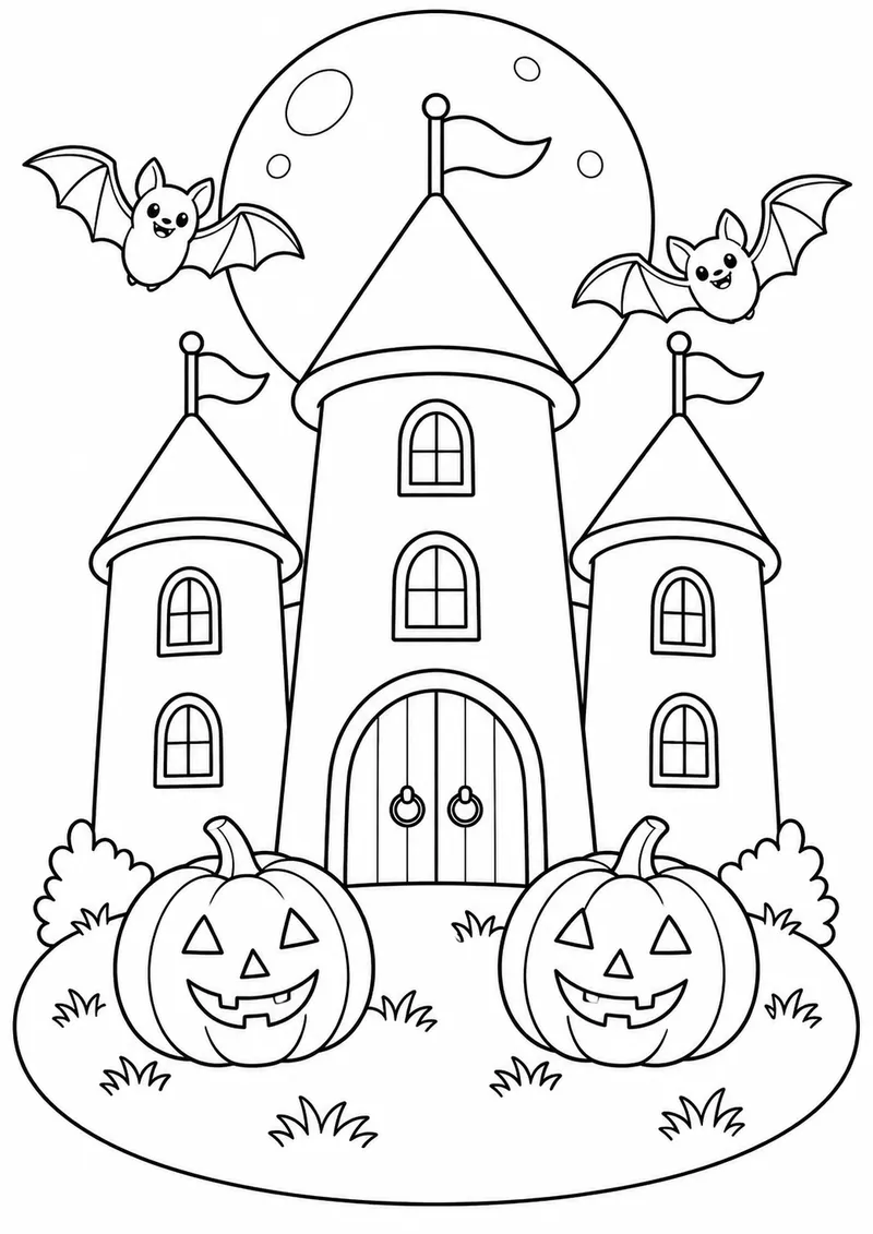Castelo de Halloween na colina para colorir