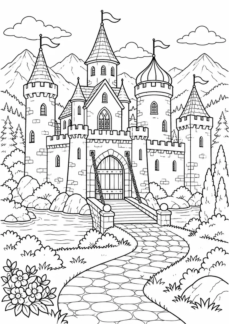 Castelo nas montanhas para colorir