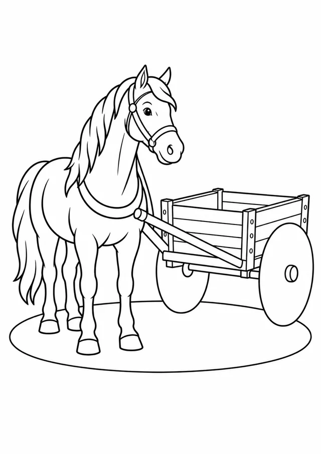 Cavalo ao lado de uma carroça vazia para colorir