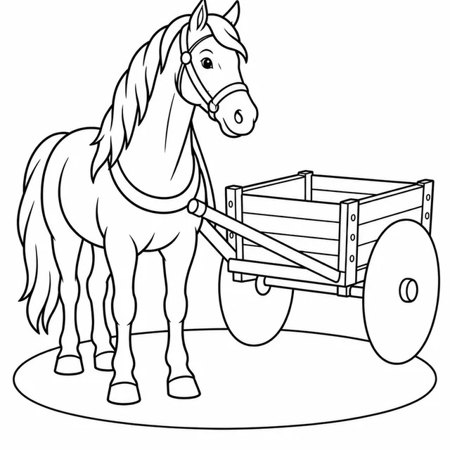 Cavalo ao lado de uma carroça vazia para colorir