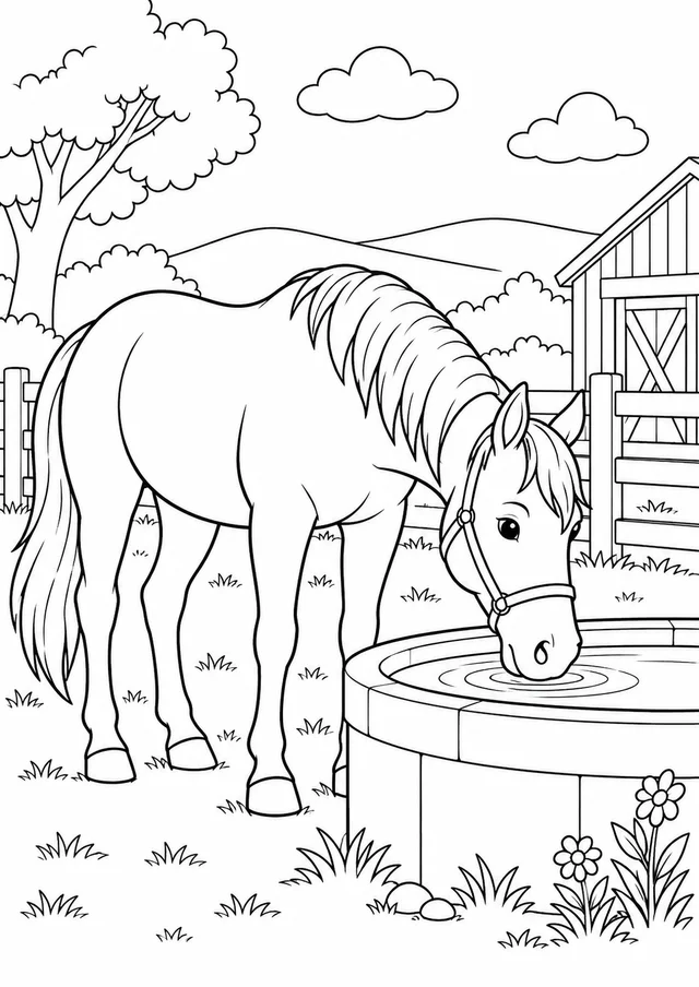 Cavalo bebendo água no bebedouro para colorir