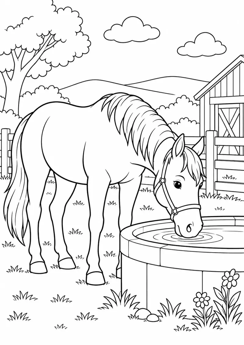 Cavalo bebendo água no bebedouro para colorir
