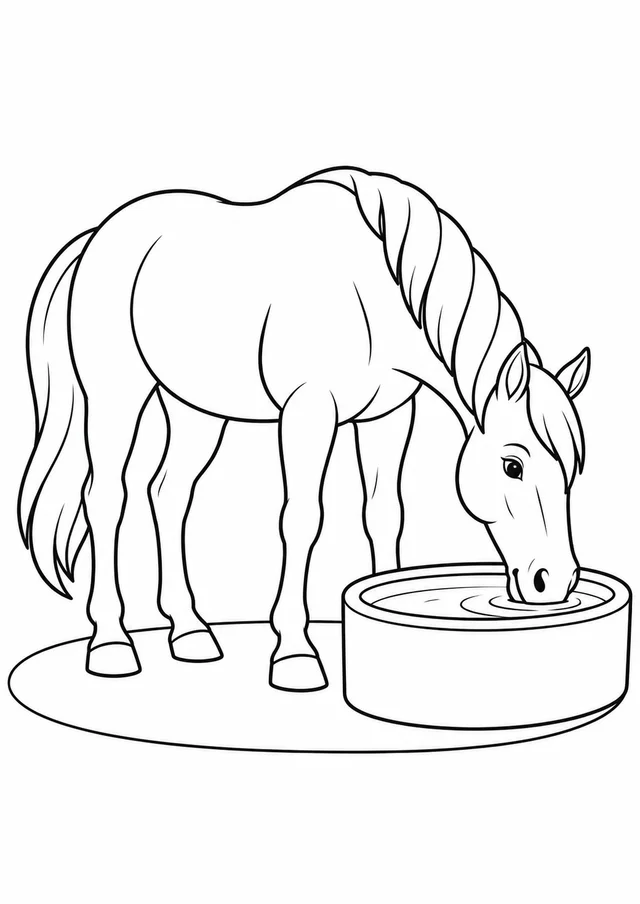 Cavalo bebendo num bebedouro para colorir