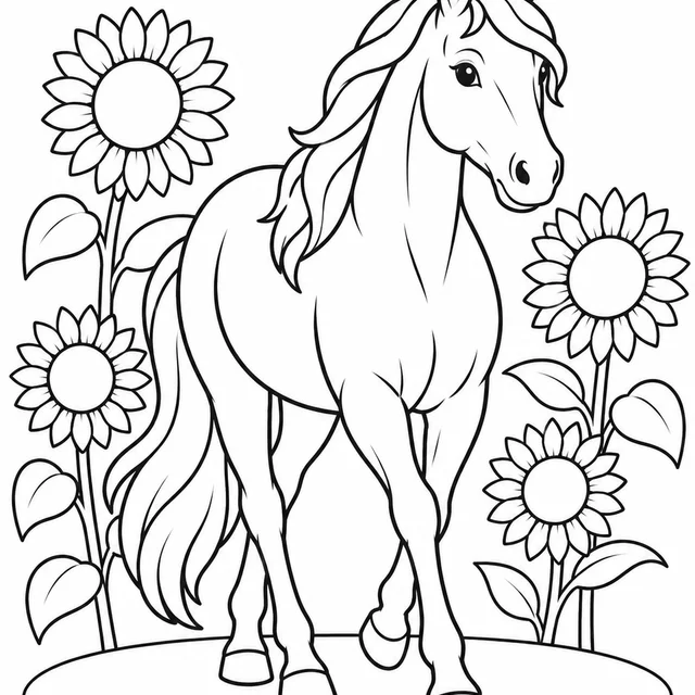 Cavalo caminhando entre girassóis para colorir