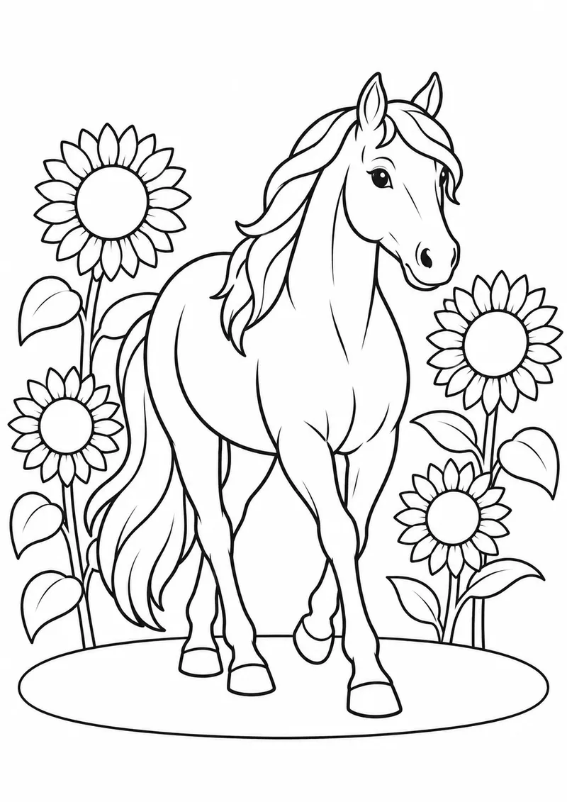 Cavalo caminhando entre girassóis para colorir