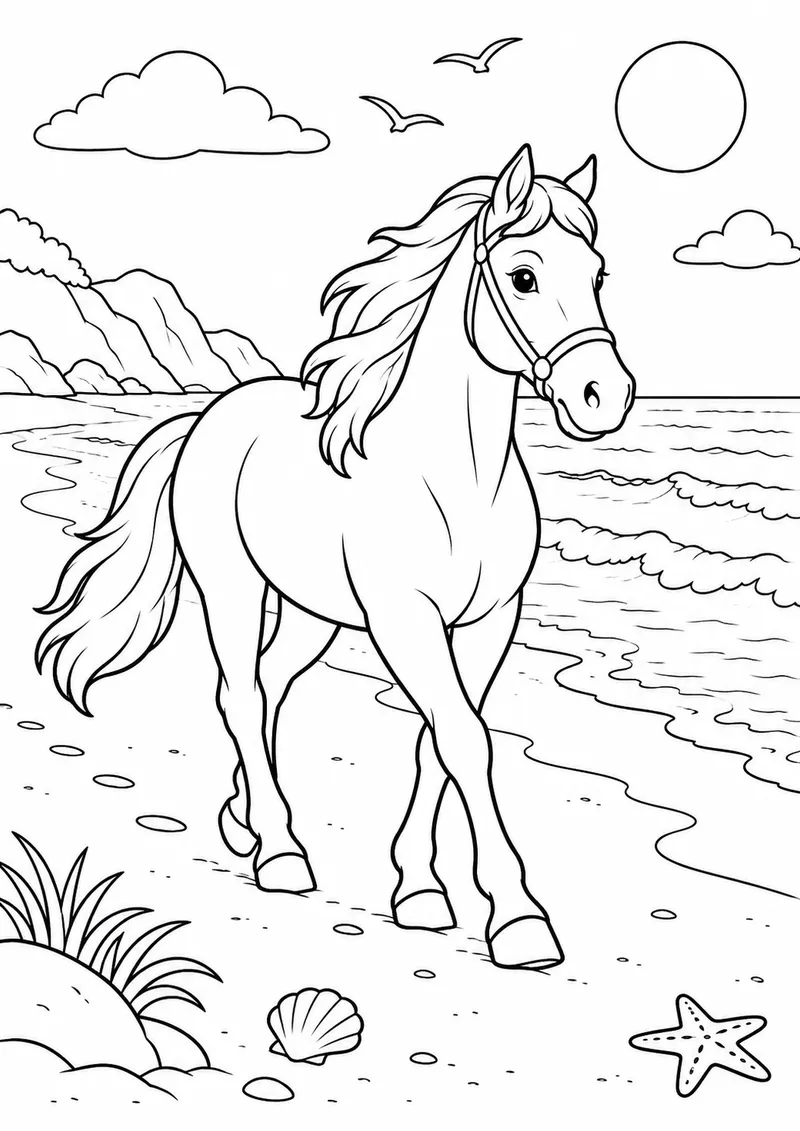 Cavalo caminhando na praia para colorir