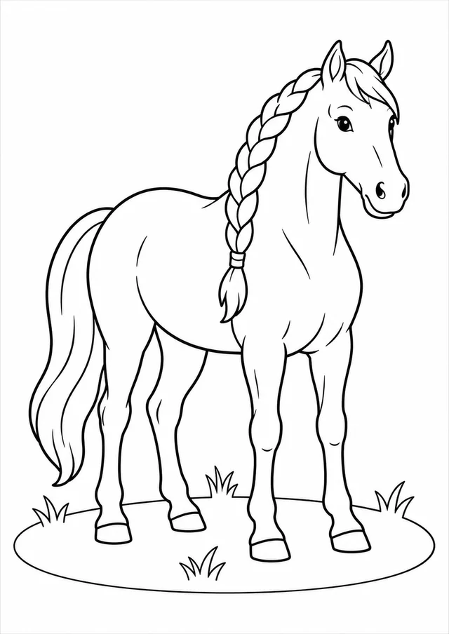 Cavalo com crina trançada no pasto para colorir