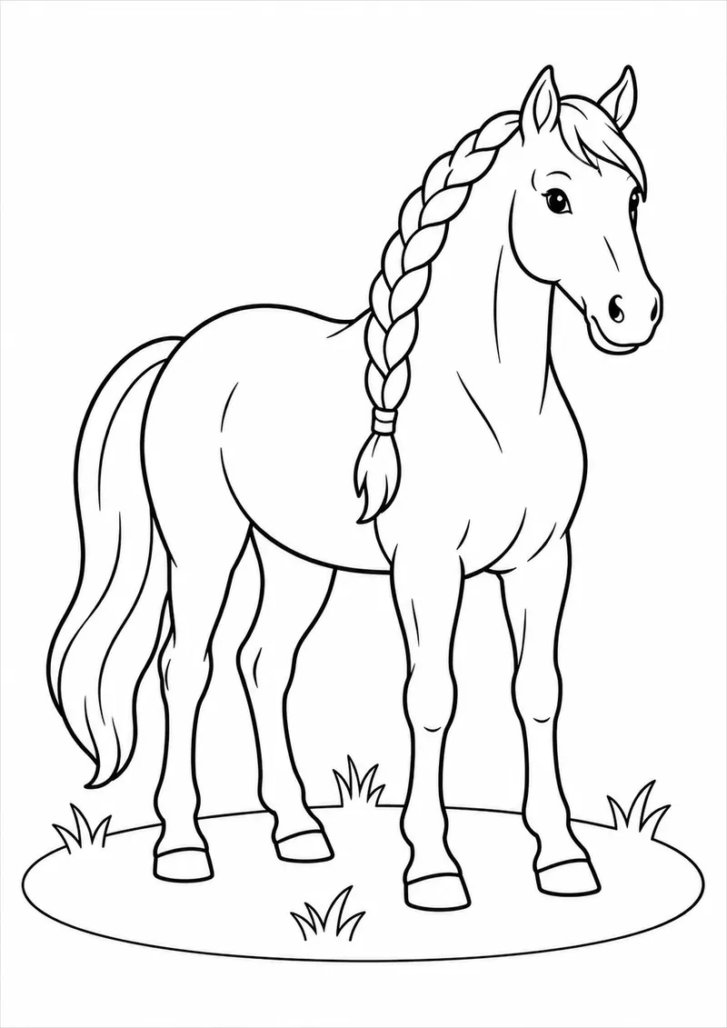 Cavalo com crina trançada no pasto para colorir