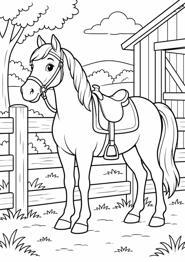 Cavalo com sela junto a uma cerca para colorir
