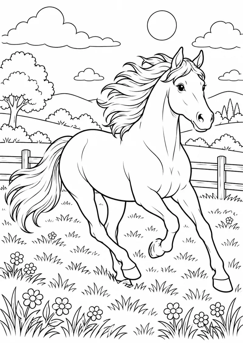 Cavalo correndo no campo para colorir