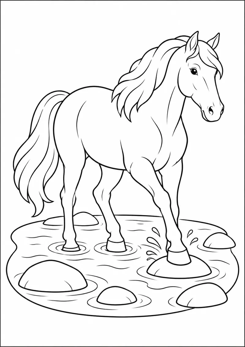 Cavalo cruzando um riacho de pedras para colorir