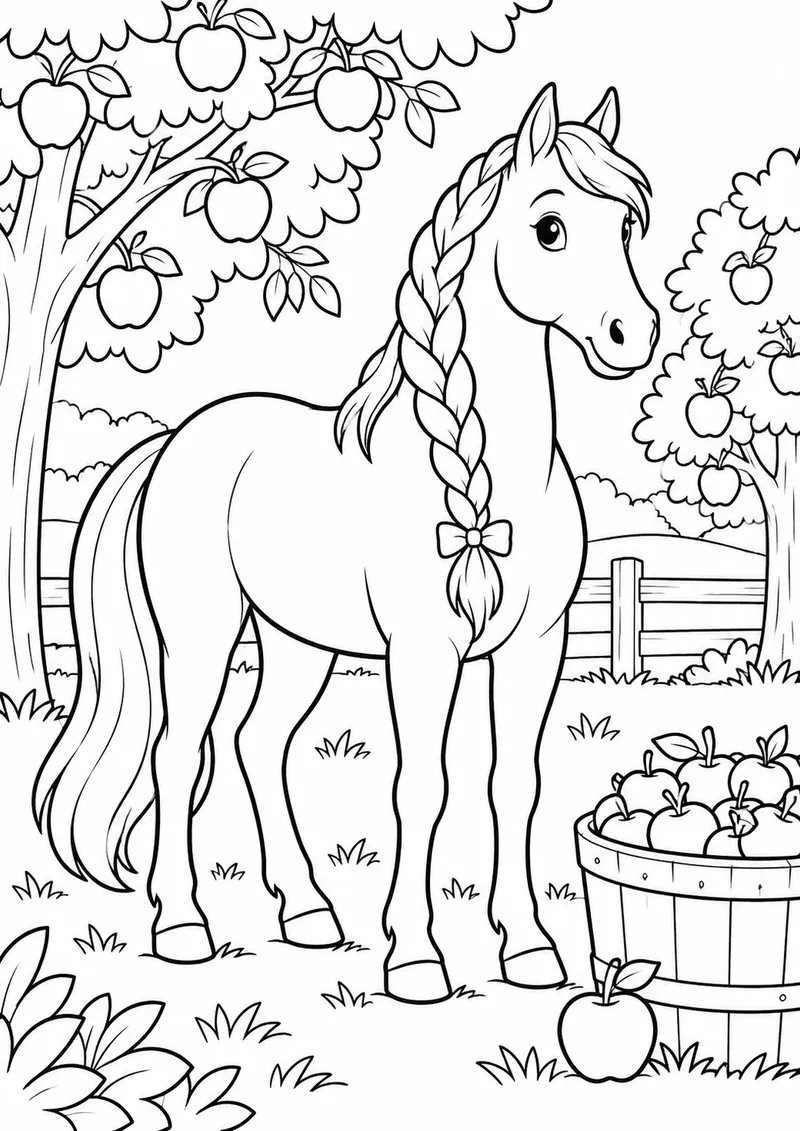 Cavalo de crina trançada no pomar para colorir