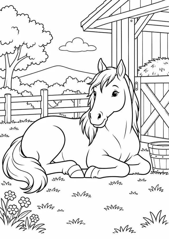 Cavalo descansando perto do estábulo para colorir