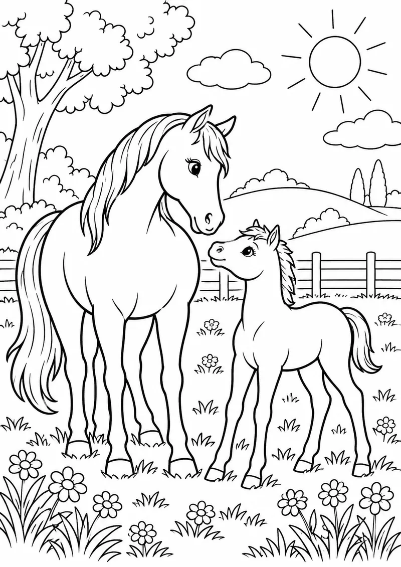 Cavalo e potro no campo florido para colorir