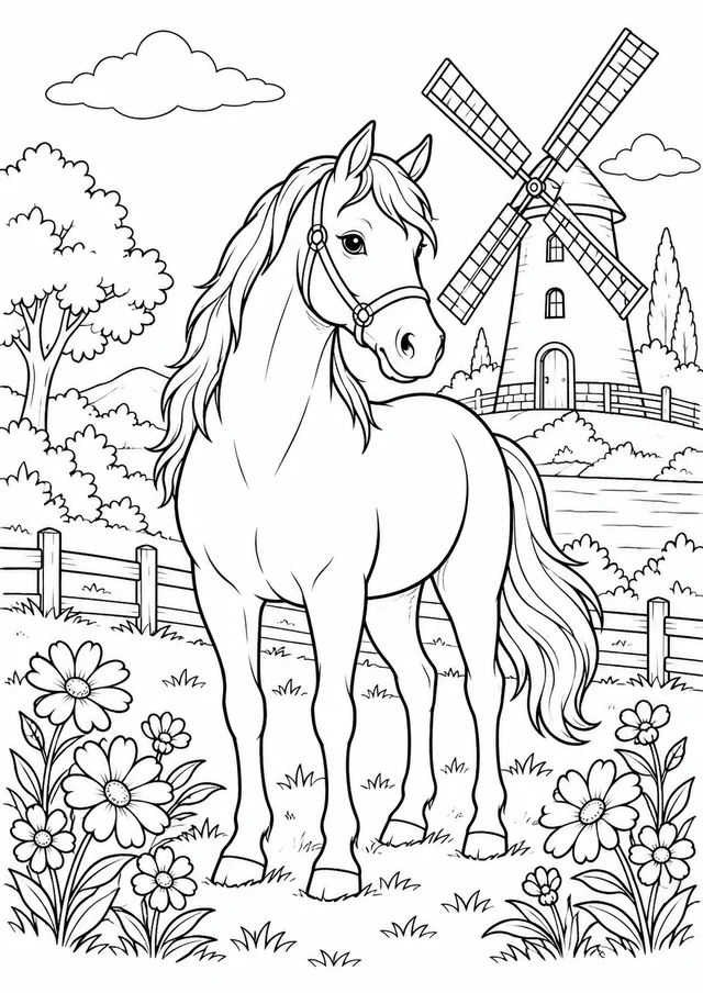 Cavalo junto a flores e um moinho para colorir