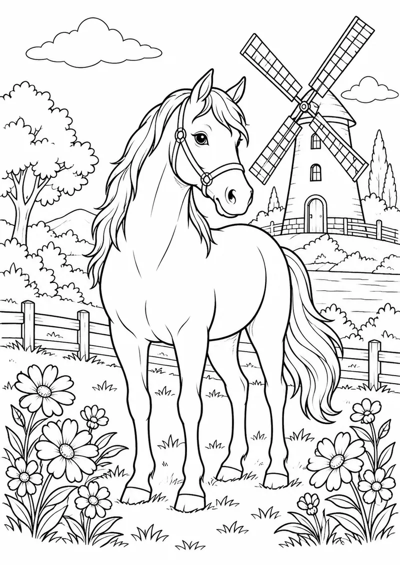 Cavalo junto a flores e um moinho para colorir