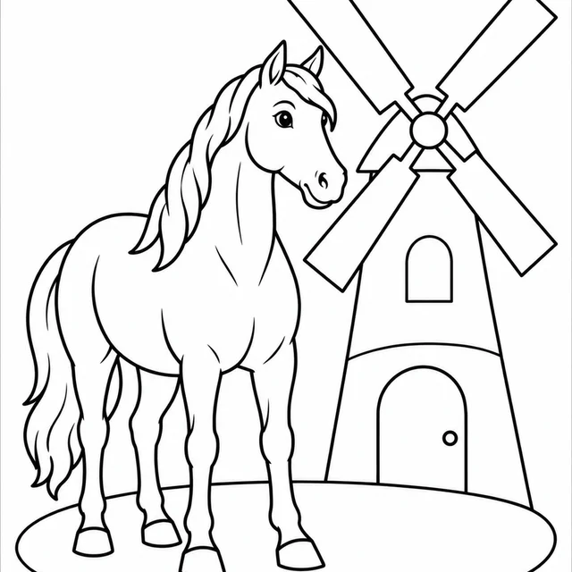 Cavalo junto a um moinho para colorir