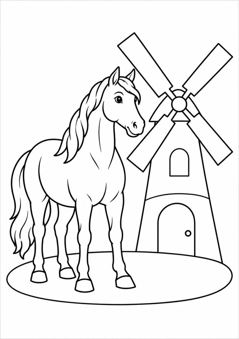 Cavalo junto a um moinho para colorir