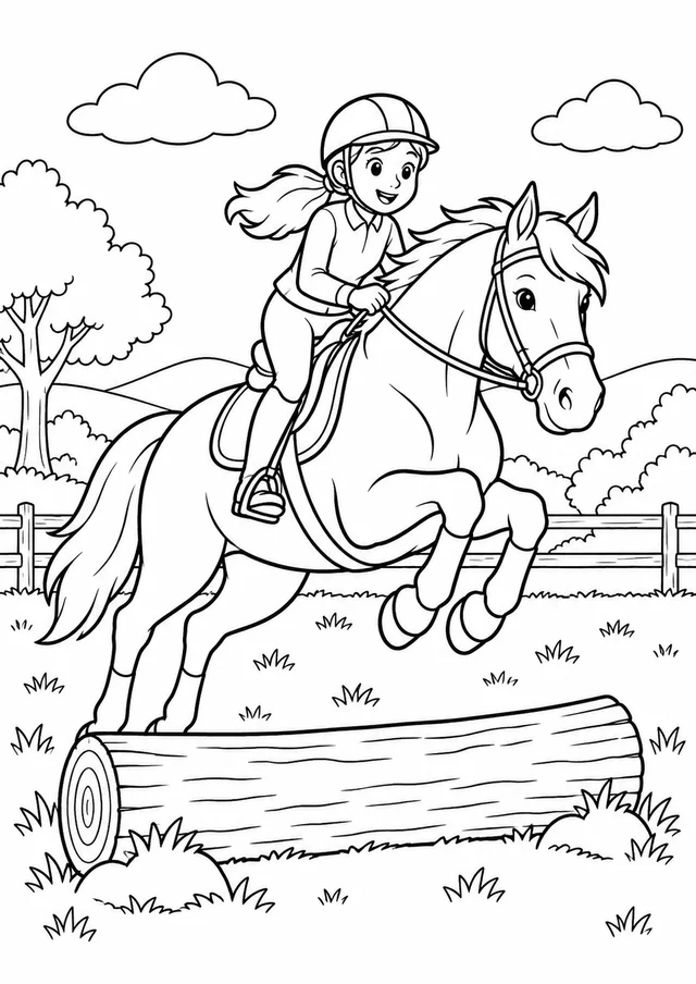 Cavalo saltando um pequeno tronco para colorir
