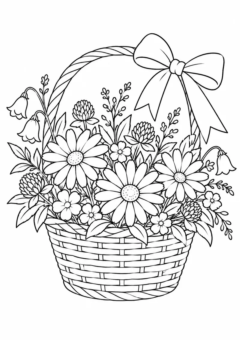 Cesta de flores do campo e laço para colorir