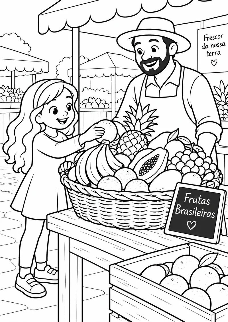 Cesta de frutas brasileiras na feira para colorir