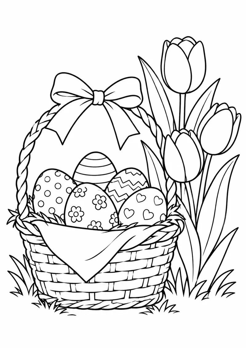 Cesta de Páscoa junto a tulipas para colorir