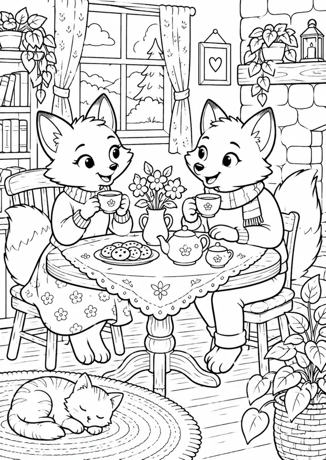 Chá na casa da raposa para colorir