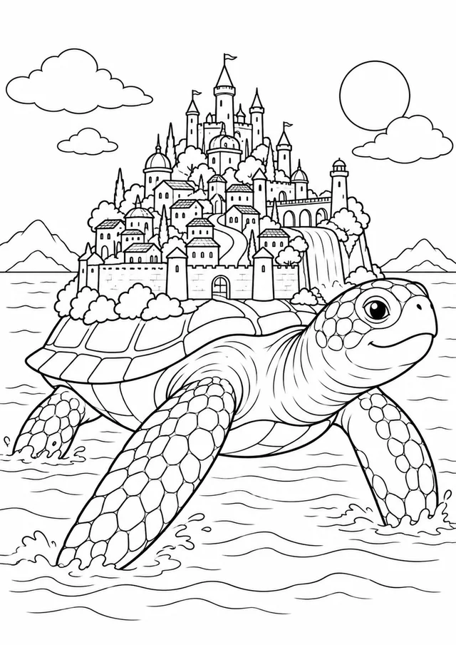 Cidade imaginária sobre uma tartaruga gigante para colorir