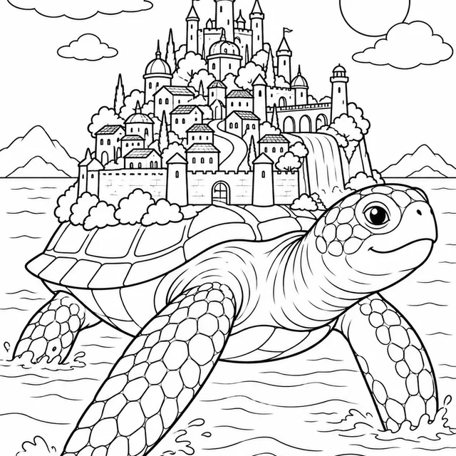 Cidade imaginária sobre uma tartaruga gigante para colorir