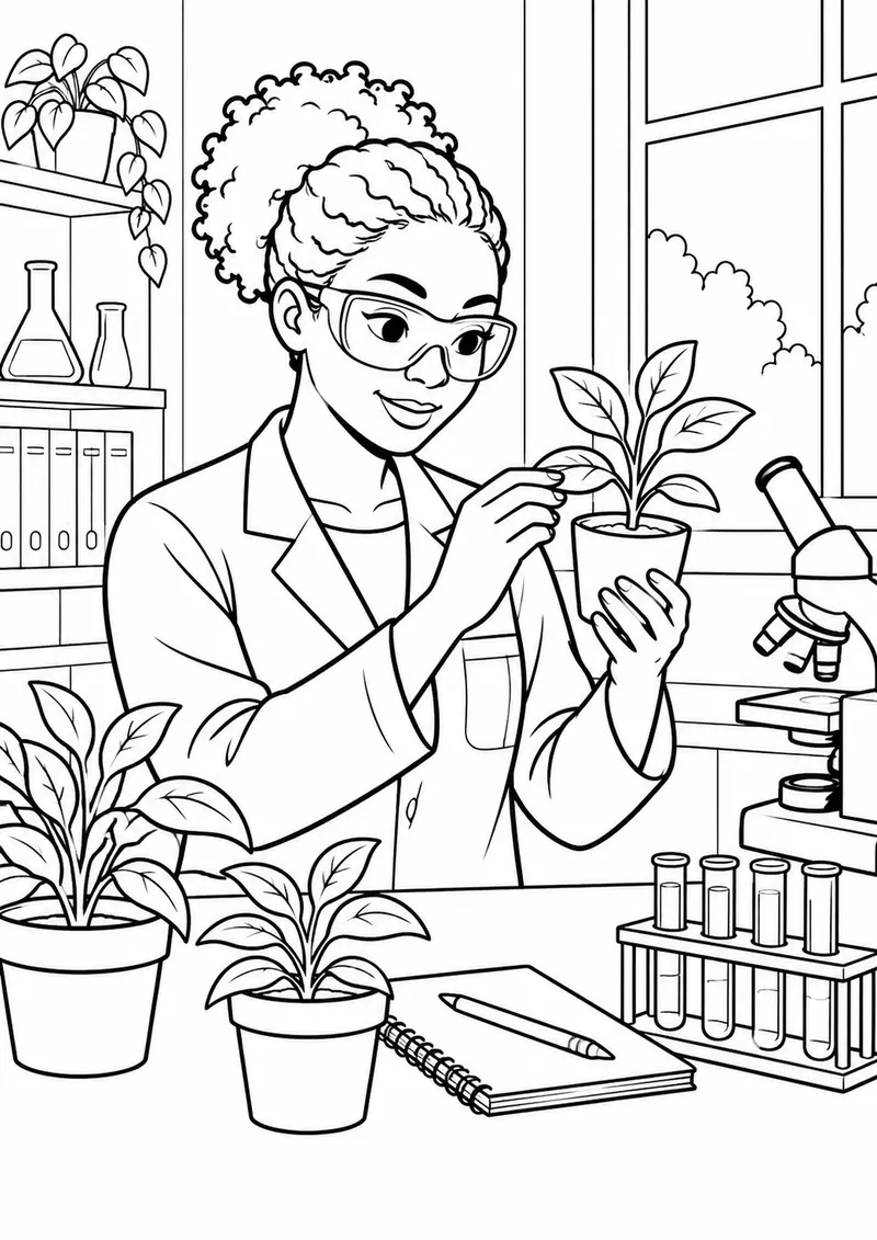 Cientista negra observando plantas no laboratório para colorir
