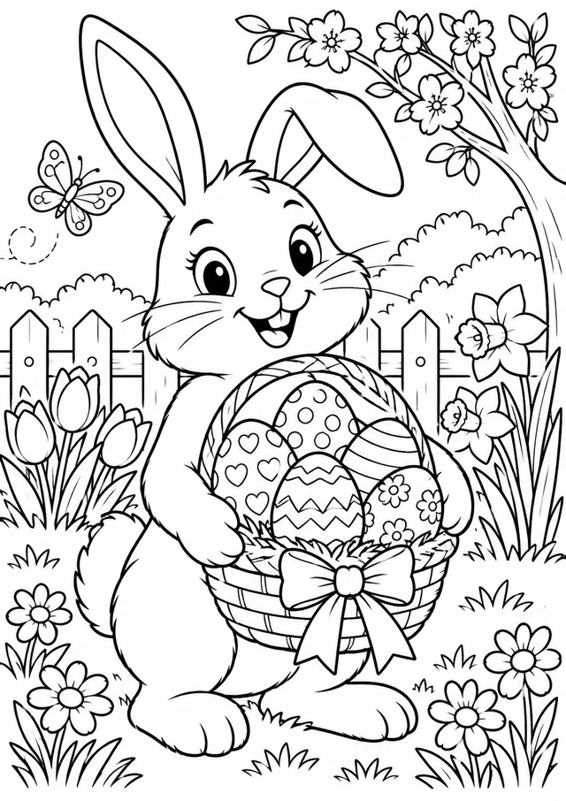 Coelhinho com ovos de Páscoa para colorir