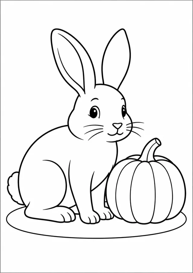 Coelho ao lado de uma abóbora para colorir