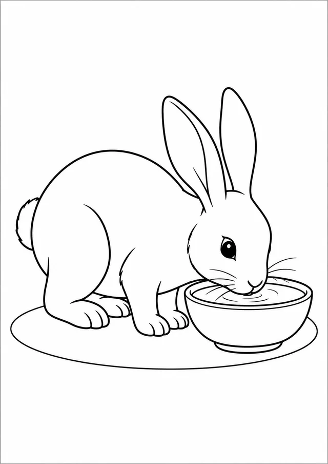 Coelho bebendo numa tigela para colorir