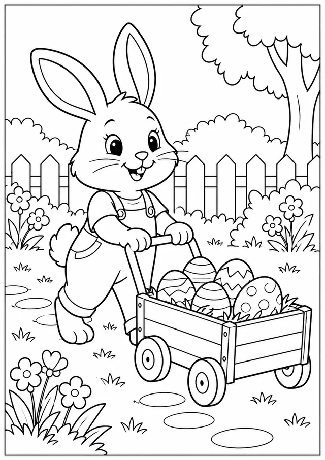 Coelho com carrinho de ovos no jardim para colorir