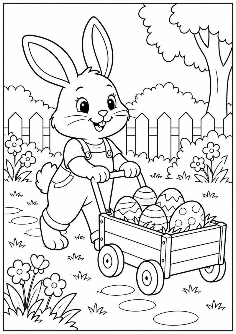 Coelho com carrinho de ovos no jardim para colorir