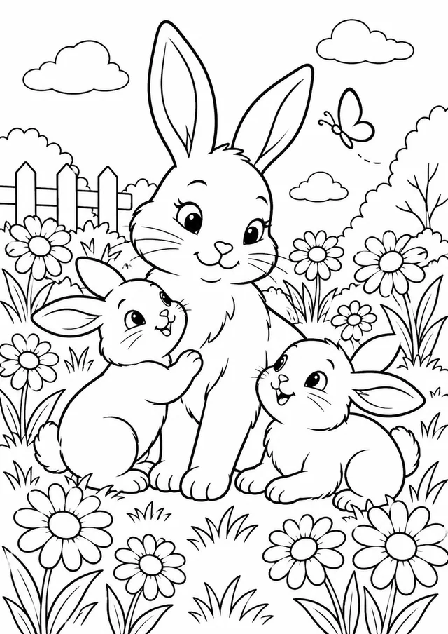 Coelho com filhotes entre margaridas para colorir