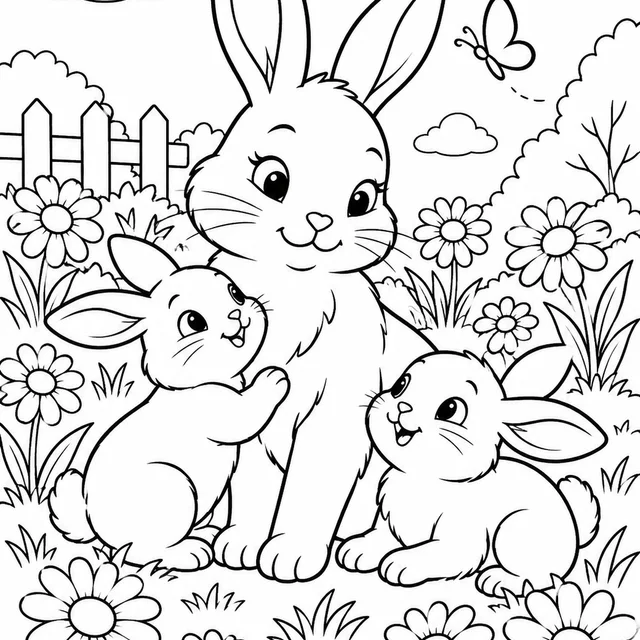 Coelho com filhotes entre margaridas para colorir